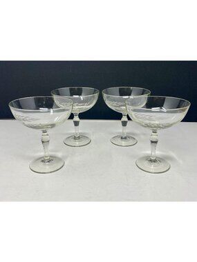 Set Of 4 Vintage Etched Champagne Coupe Sherbet Glasses Dessert Compote 4.75”
